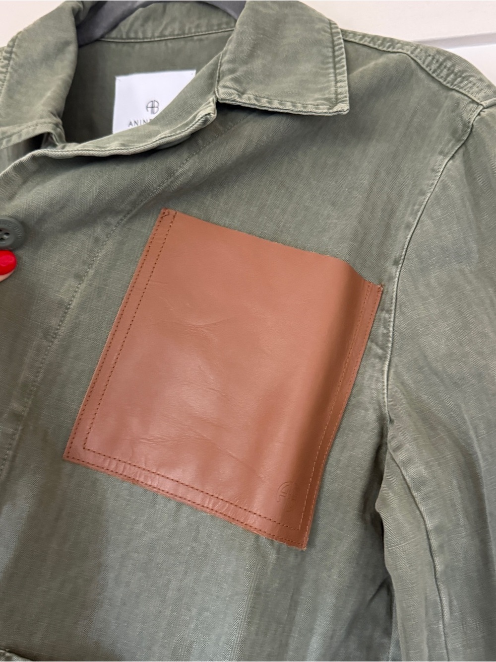 ANINE BING Olive Green Military Field Jacket with Brown Leather Chest Pocket - Picture 3 of 8